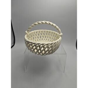 White Ceramic Woven Basket With Handle